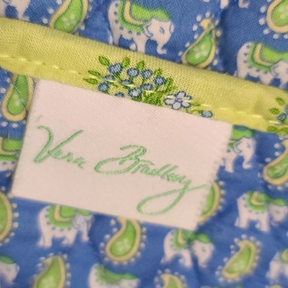 Vera Bradley Messenger Bag Chartreuse W/Blue Flowers Elephants Zips 13x16